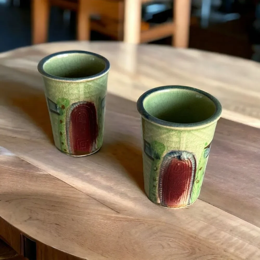 Vintage Ceramic Crackle Glaze Sake Glasses Japan